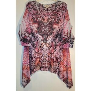 Live Let Live One World Top Womens 1X Plus Pink Paisley Tunic Blouse Rhinestones